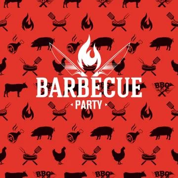 Barbecue logo on red seamless pattern, vector illustration Stock Illustration