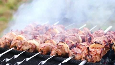 Barbecue meat is fried on an open grill on charcoal, smoke from coal envelops Stock Footage 169094126