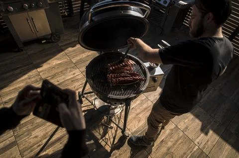 Barbecue online video tutorial during the Coronavirus outbreak, Vienna, Austria  写真素材