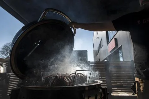 Barbecue online video tutorial during the Coronavirus outbreak, Vienna, Austria  스톡 사진