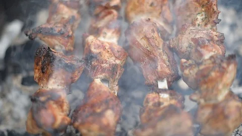 Barbecue or shish kebab is fried on the grill. Stock Footage 88501425