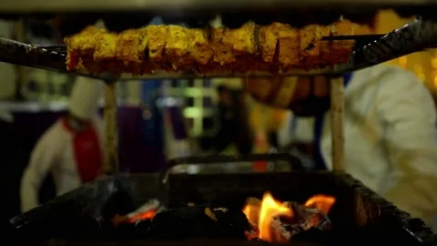 Barbecue paneer on a street in india street food of India Stock Footage