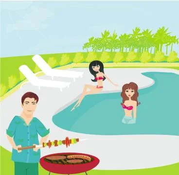 Barbecue Party on the pool Stock Illustration