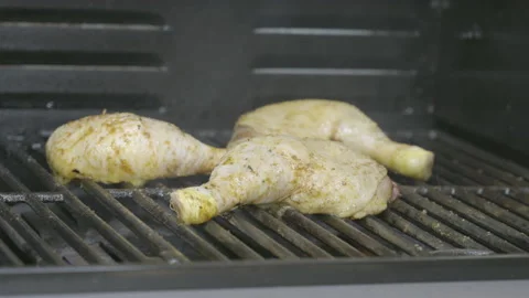 Barbecue picnic. Preparing and  grilling chicken drumsticks Stock Footage 160146175