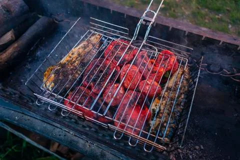 Barbecue preparing on grill Stock Photos