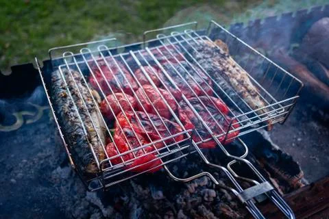 Barbecue preparing on grill Stock Photos