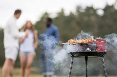Barbecue roasting food with friends conversing Resolution and high quality Stock Photos