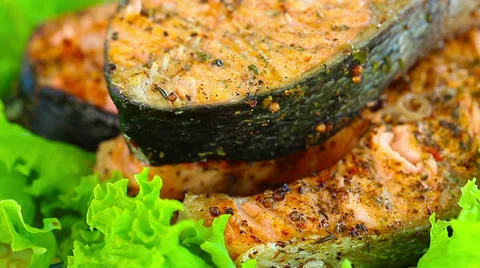 Barbecue. salmon on the grill. Stock Footage 37677091