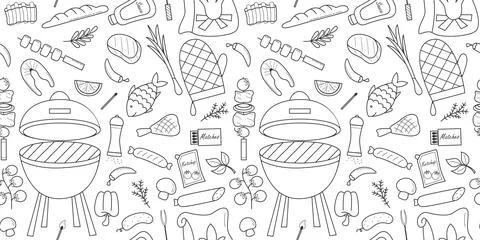 Barbecue seamless pattern doodle sketch style Stock Illustration