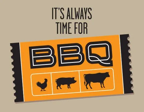 Barbecue Ticket vector design with cow, pig and chicken. Stock Illustration
