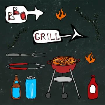 Barbecue Tools: BBQ Fork, Tongs, Grill with Meat, Fire, Beer Bottle, Can Stockillustratie