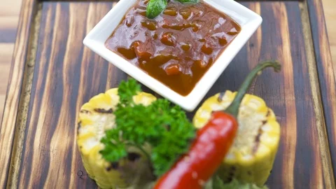 Barbecue vegetable red hot pepper, herb, corn and tomato sauce composition Stock Footage 104562224