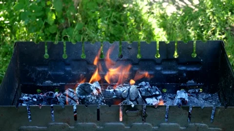 Barbecue woods, flame fire, ash coals burning in metal grill preparing for BBQ Stock Footage 202223230