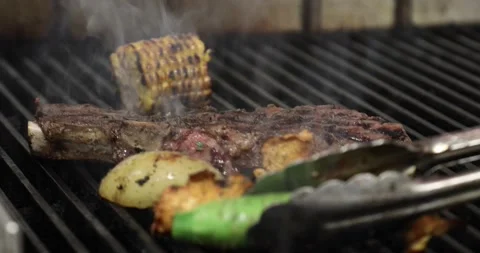 Barbecued meat and vegetables Stock Footage 142557744