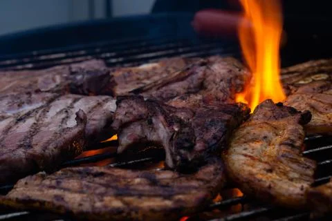 Barbecuing meat on a grill Stock Photos