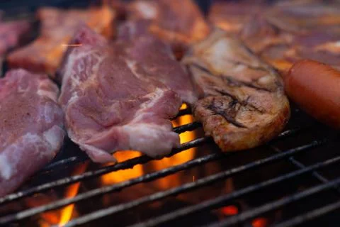 Barbecuing meat on a grill Stock Photos