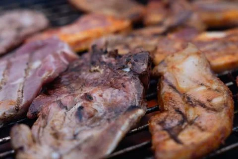 Barbecuing meat on a grill Stock Photos