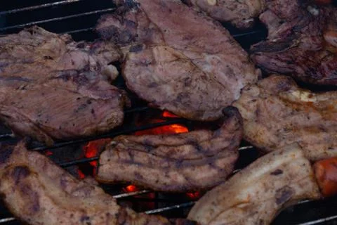 Barbecuing meat on a grill Stock Photos