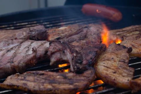 Barbecuing meat on a grill Stock Photos