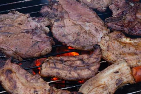 Barbecuing meat on a grill Stock Photos