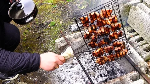 Barbecuing meat in nature Stock Footage 151464338