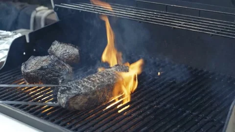Barbecuing meat in summer Stock Footage 148308360