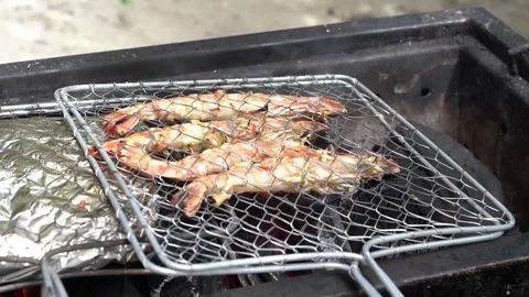 Barbecuing shrimp on charcoal fire Stock Footage 81725410