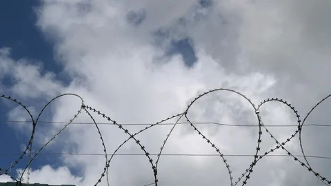 Barbed wire against the blue sky with white clouds. Stock Footage 113698907