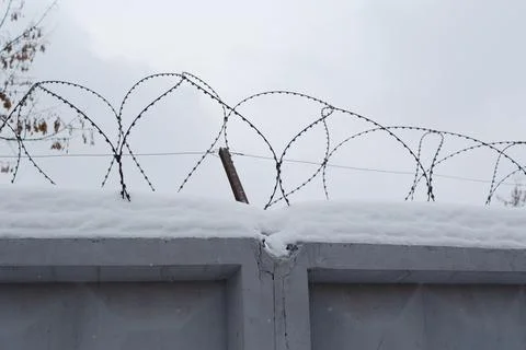 Barbed wire and cloudy winter sky. Snow. Secure zone barbed wire fence. Concr Foto stock