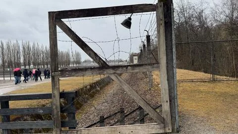 Barbed Wire and Guard Tower at Dachau Memorial Stock Photos