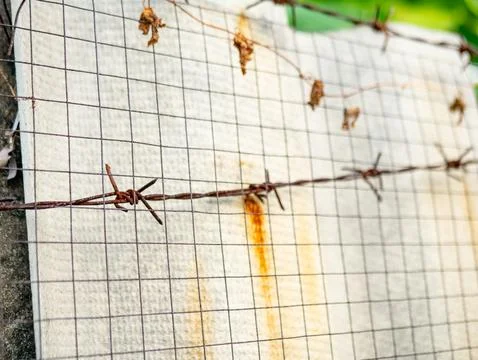 Barbed wire and wire mesh fence in front of old gray wall, security and bou.. Stock Photos