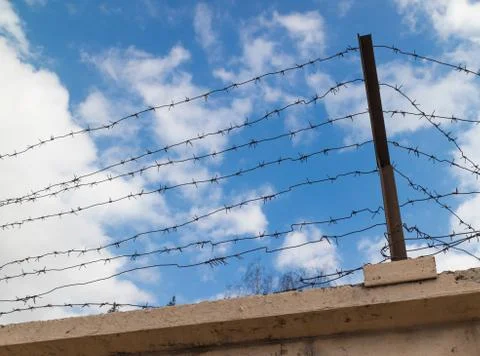 Barbed wire around the prison on the background of blue sky Stock Photos