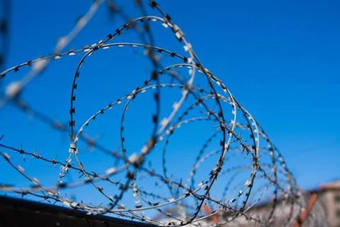 Barbed wire on the background of blue sky. Russia Saint Petersburg Stock Photos