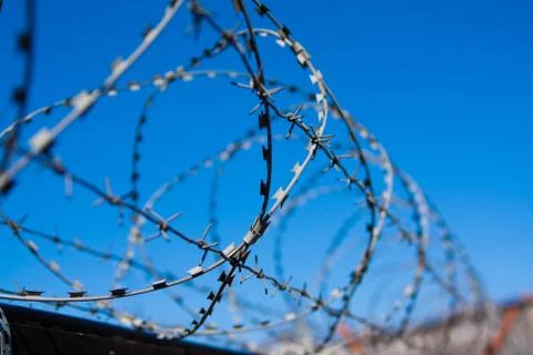 Barbed wire on the background of blue sky. Russia Saint Petersburg Stock Photos