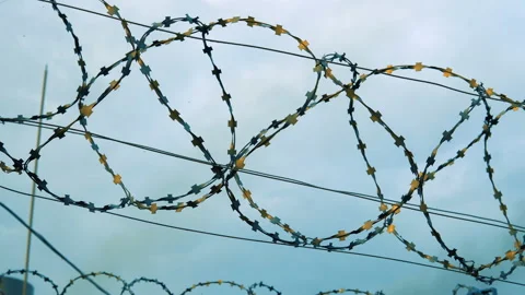 Barbed wire on the background of a gloomy cloudy sky. Video stock 95689784