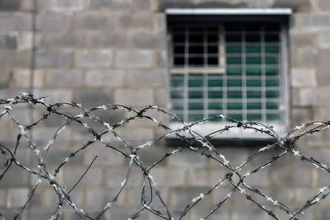 Barbed wire on the background of a prison window. Foto stock