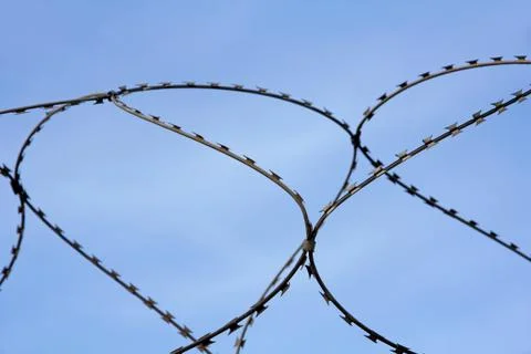 Barbed wire on blue sky background. Stock Photos
