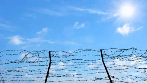Barbed wire on blue sky background, Freedom, prison and hope concept. Stock Photos