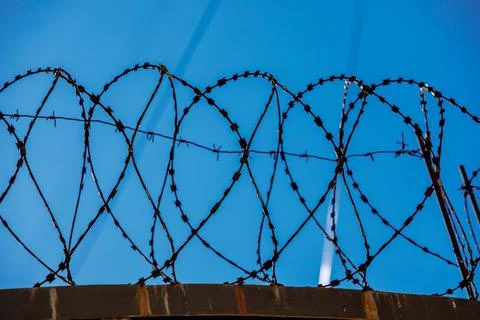 Barbed wire on blue sky background but. Foto stock