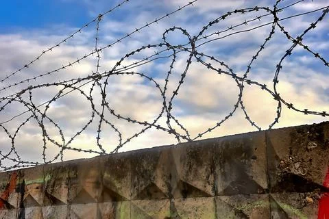 Barbed wire on a blue sky background. Stock Photos