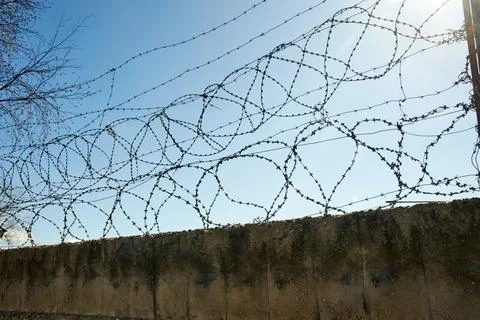 Barbed wire on a blue sky background. Stock Photos