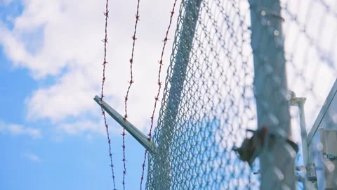 Barbed wire on chain link security perimeter fence Stock Footage 340006038