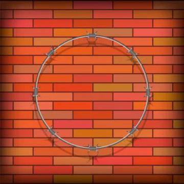 Barbed Wire Circle on Red Brick Background. Stylized Prison Concept. Symbol of Stock Illustration