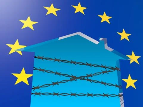 Barbed wire closed home icon textured by europe flag Stock Illustration