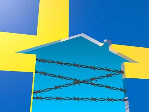 Barbed wire closed home icon textured by sweden flag Stock Illustration