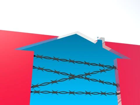 Barbed wire closed home icon textured by poland flag Stock Illustration