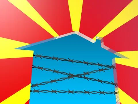 Barbed wire closed home icon textured by macedonia flag Stock Illustration