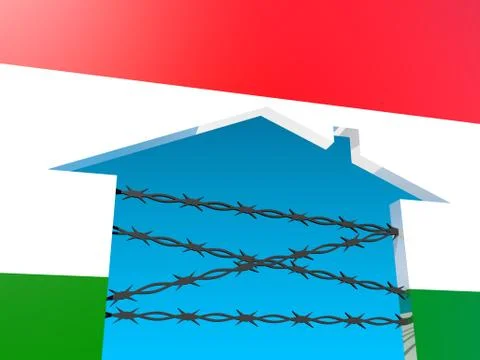 Barbed wire closed home icon textured by hungary flag Stock Illustration
