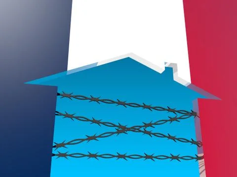 Barbed wire closed home icon textured by france flag Stock Illustration