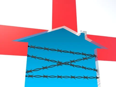 Barbed wire closed home icon textured by england flag Stock Illustration